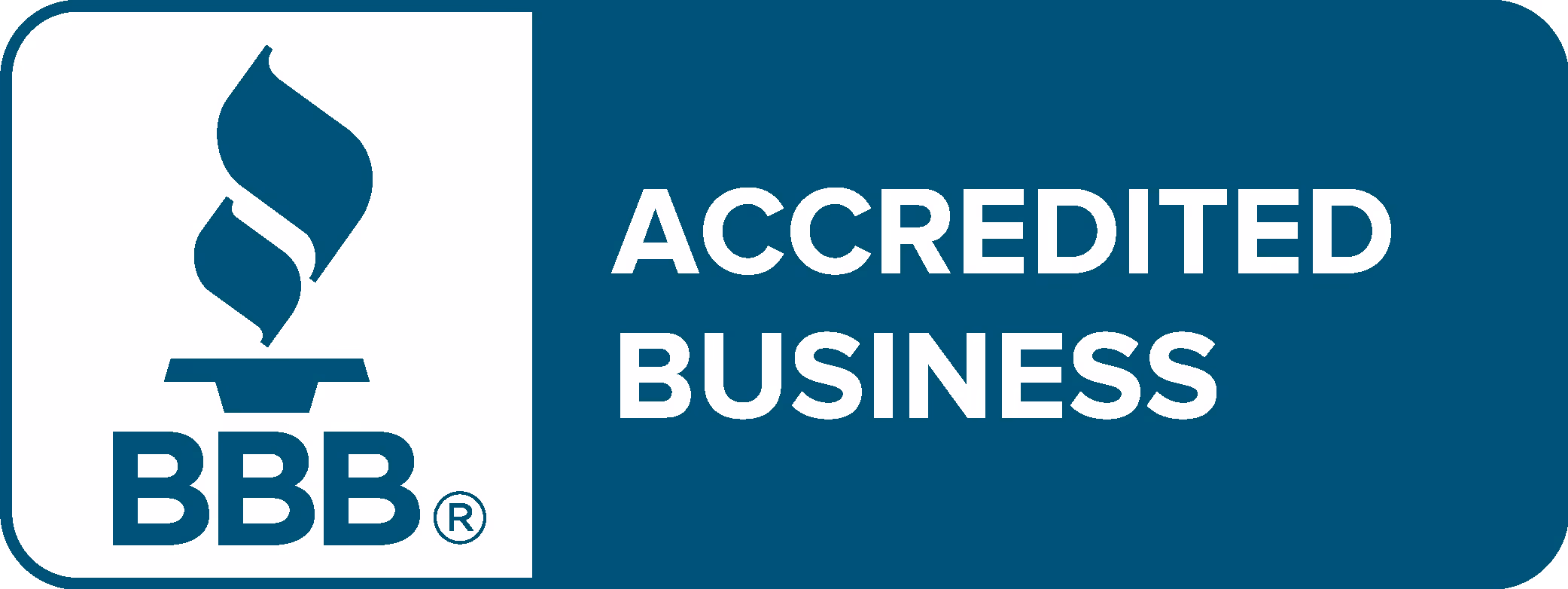 BBB Accredited Business logo with stylized torch icon and text on a blue background.