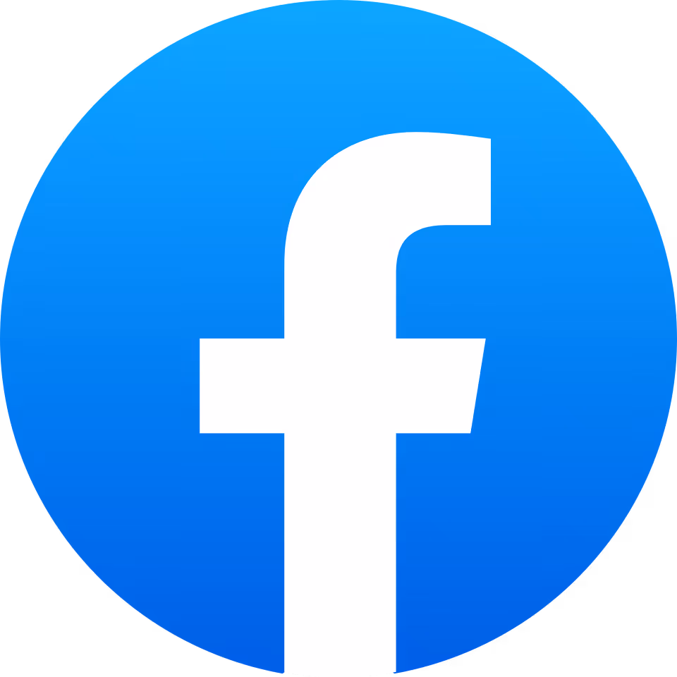 White lowercase letter f on a blue circular background representing the Facebook logo.