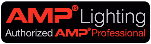 AMP Lighting Authorized AMP Professional logo with red and gray text on a black background.