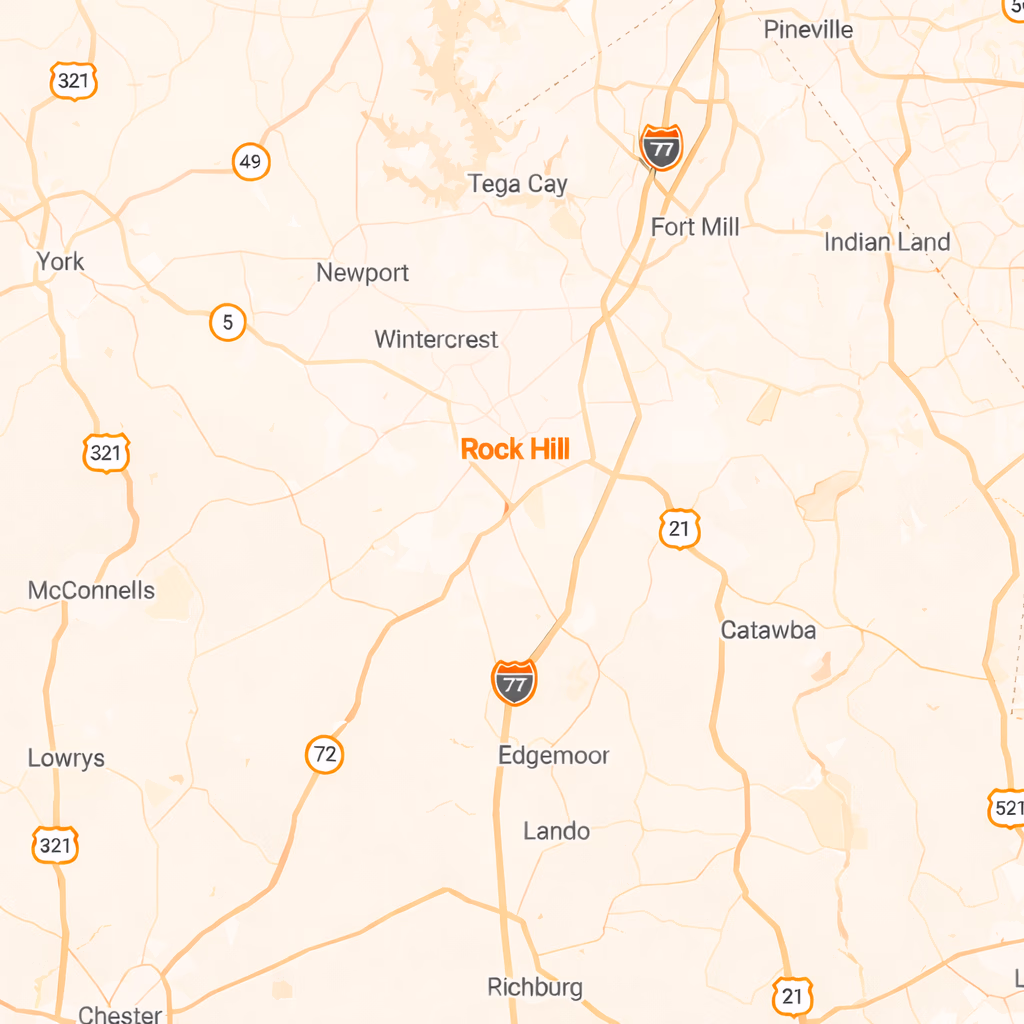 Map showing Rock Hill and surrounding towns including Fort Mill, Pineville, Edgemoor, and Chester, with highways 321, 77, 21, 72, and 49.