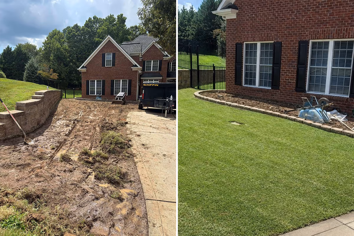 Side-by-side comparison of a muddy, torn-up yard before and a freshly sodded green lawn after landscaping in front of a brick house.